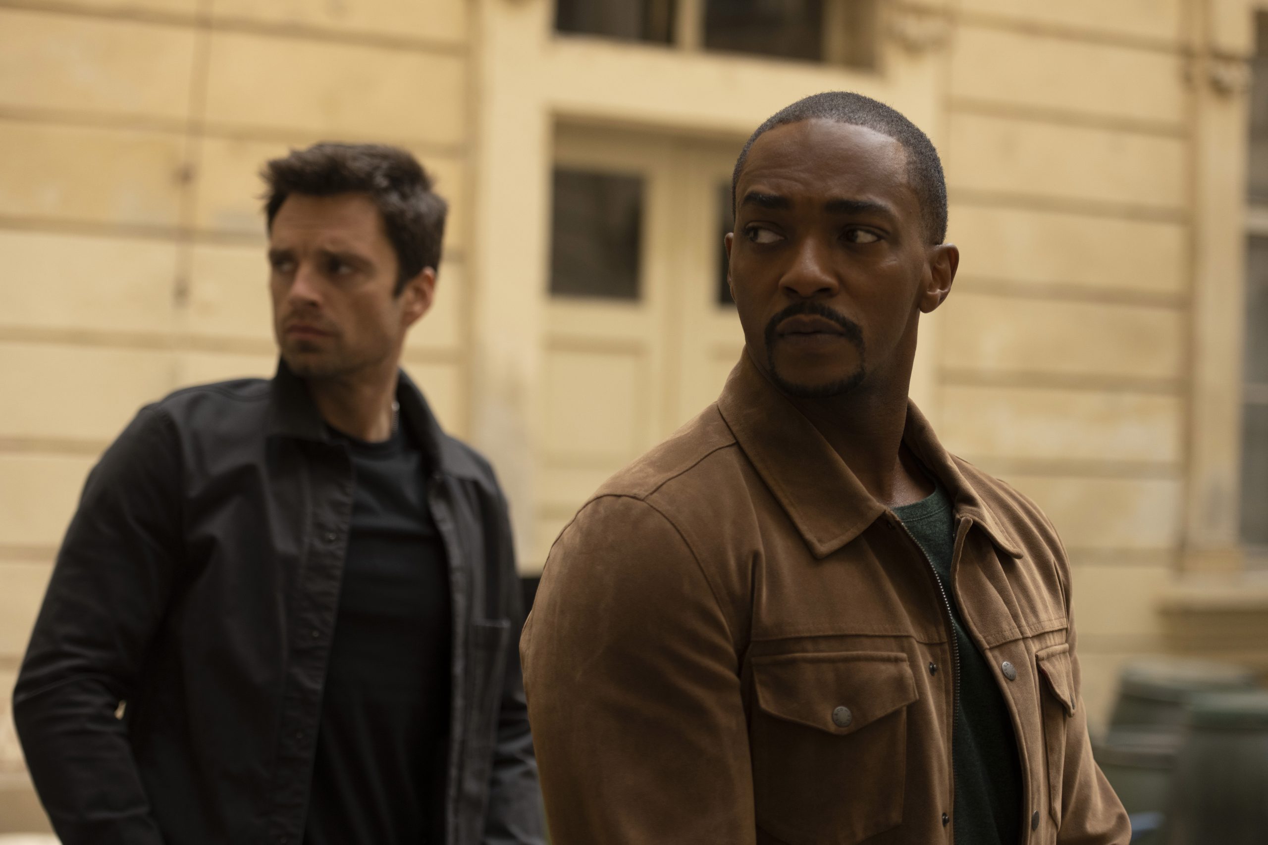 (L-R): Winter Soldier/Bucky Barnes (Sebastian Stan) and Falcon/Sam Wilson (Anthony Mackie) and in Marvel Studios' THE FALCON AND THE WINTER SOLDIER exclusively on Disney+. Photo by Julie Vrabelová. ©Marvel Studios 2021. All Rights Reserved.