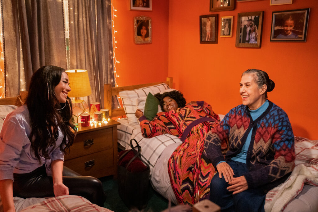Christmas With You. (L to R) Aimee Garcia as Angelina, Zenzi Williams as Monique, Socorro Santiago as Frida in Christmas With You. Cr. Jessica Kourkounis/Netflix © 2022.