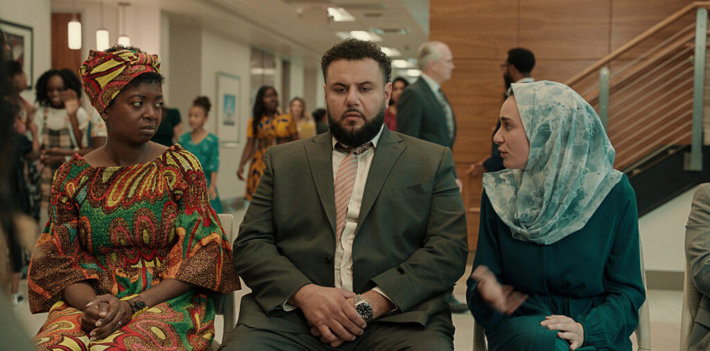 MO. (L to R) Nene Nwoko as Aisha, Mo Amer as Mo, Zein Khleif as Maysoon in episode 107 of MO. Cr. Courtesy of Netflix © 2022