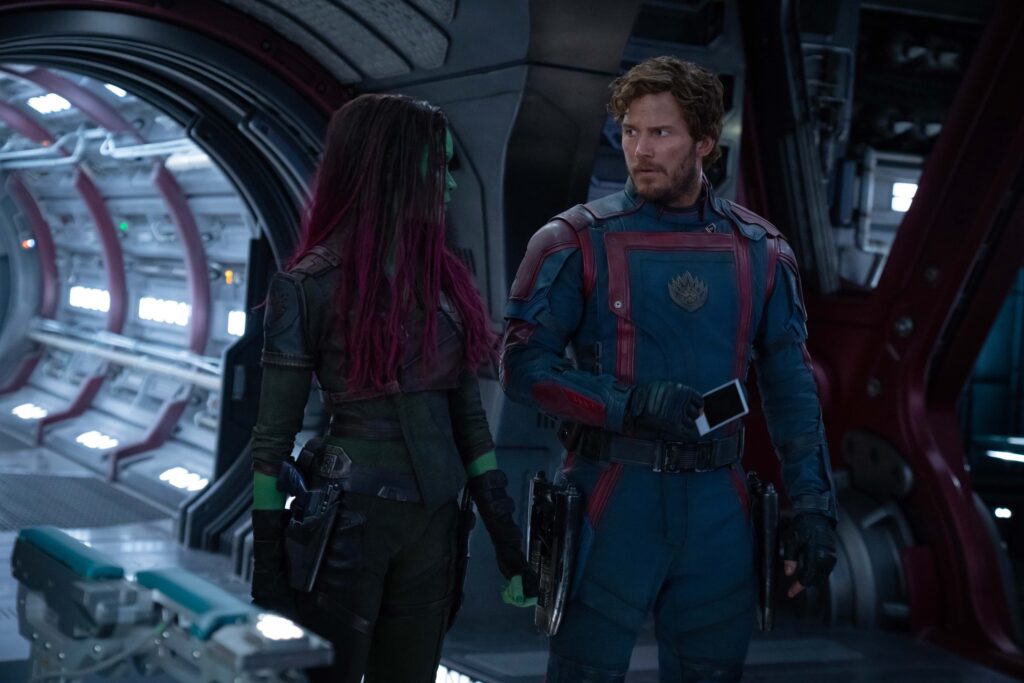 Zoe Saldaña as Gamora and Chris Pratt as Peter in "Guardians of the Galaxy Vol. 3"