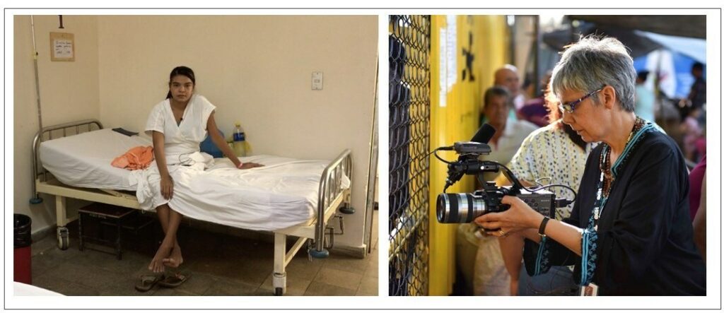 L to R: Movie still from "Imelda Is Not Alone" and Director Paula Heredia at Salvadorean prison