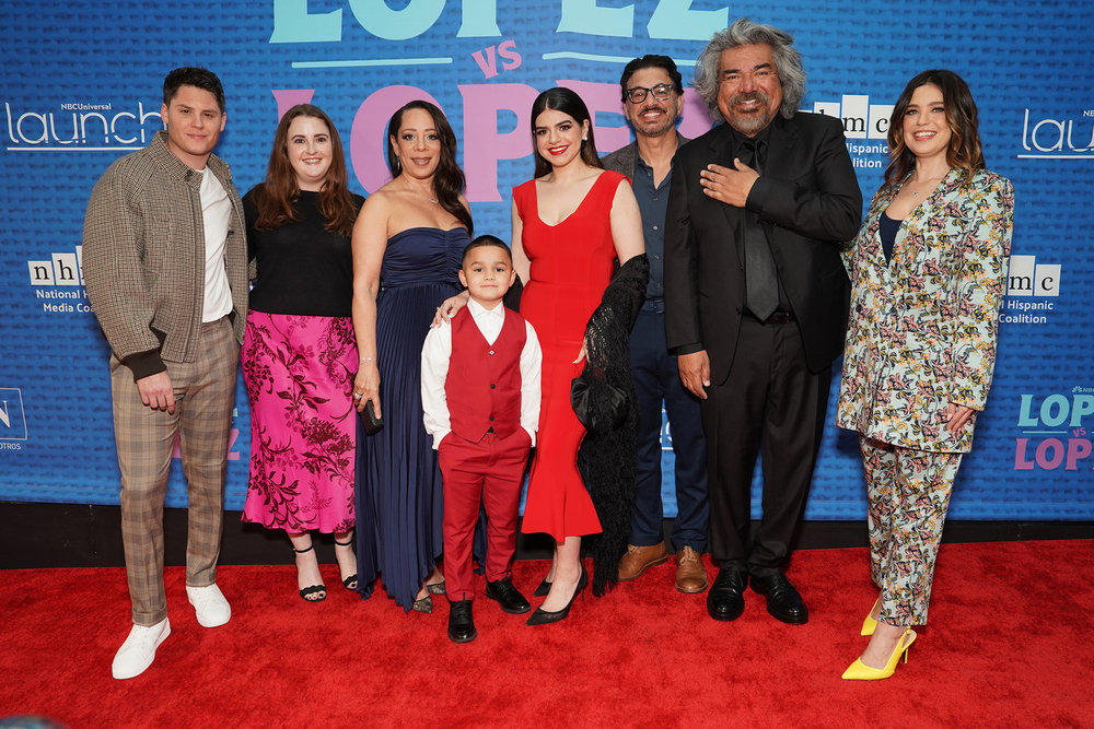 LOPEZ VS LOPEZ -- "Screening & Reception" -- Pictured: (l-r) Matt Shively; Emily Rothstein, Vice President, Comedy Development, NBCUniversal; Selenis Leyva; Brice Gonzalez; Mayan Lopez; Al Madrigal; George Lopez; Debby Wolfe, Executive Producer at The Montalban Theatre in Hollywood, CA on April 11, 2024 -- (Photo by: Nicole Weingart/NBC)