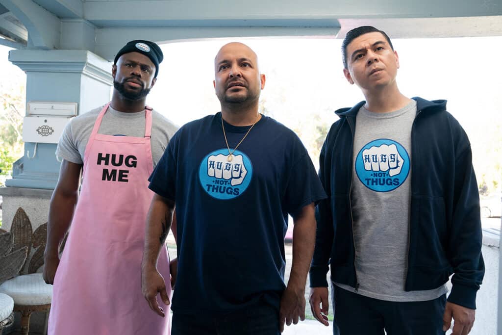 This Fool -- “Putazos” - Episode 102 -- Luis can’t help but revert to his old ways when a former rival shows up and challenges him to a fight. Julio is conflicted on how to best help his cousin. Chef Percy (Jamar Malachi Neighbors), Luis (Frankie Quinones) and Julio (Chris Estrada), shown. (Photo by: Gilles Mingasson/Hulu)