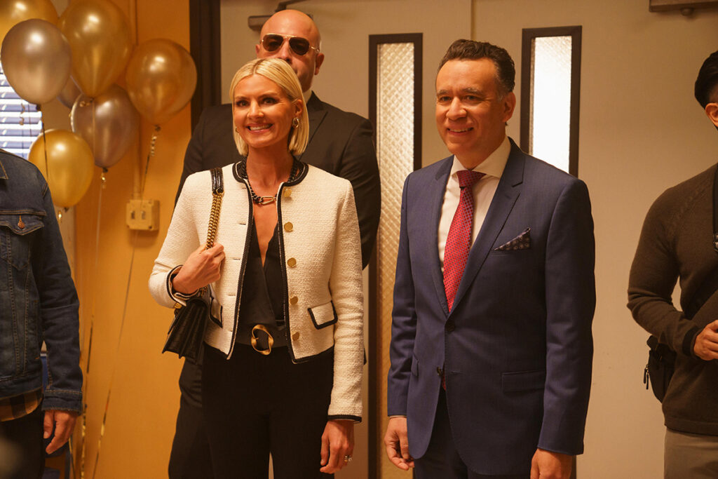 This Fool -- “F*ck the Rich” - Episode 109 -- With Hugs Not Thugs struggling financially, Julio helps Minister Payne court a pair of out-of-touch billionaires attempting to rebrand themselves. Rhonda (Eliza Coupe) and Robert (Fred Armisen), shown. (Photo by: Gilles Mingasson/Hulu)