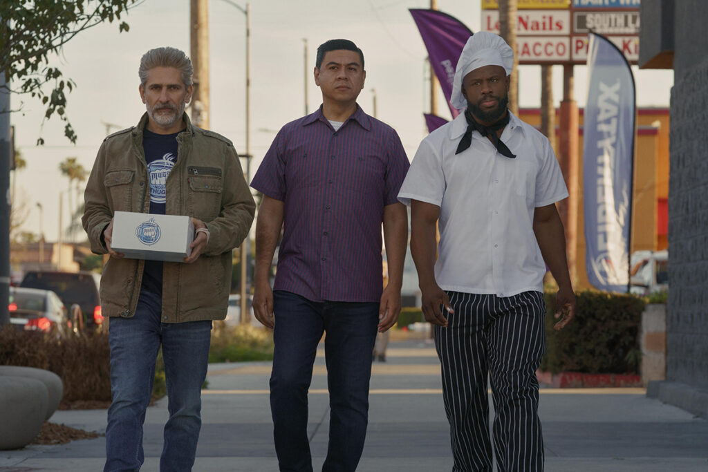This Fool -- "Two Fuckin' Losers" - Episode 210 -- Holiday in Cambodia. Minister Payne (Michael Imperioli), Julio (Chris Estrada) and Chef Percy Williams (Jamar Malachi Neighbors), shown. (Photo by: Gilles Mingasson/Hulu)