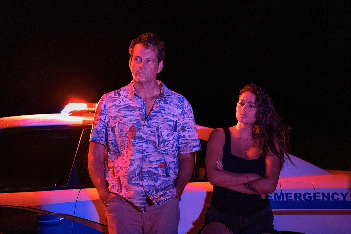 Vince Vaughn and Natalie Martinez in "Bad Monkey," premiering August 14, 2024 on Apple TV+