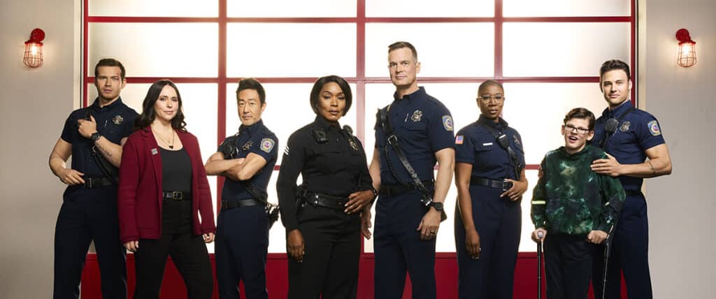 9-1-1 - ABC’s “9-1-1” stars Oliver Stark as Evan “Buck” Buckley, Jennifer Love Hewitt as Maddie Kendall, Kenneth Choi as Howie “Chimney” Han, Angela Bassett as Athena Grant, Peter Krause as Bobby Nash, Aisha Hinds as Henrietta “Hen” Wilson, Gavin McHugh as Christopher Diaz, and Ryan Guzman as Eddie Diaz. (Disney/Justin Stephens)