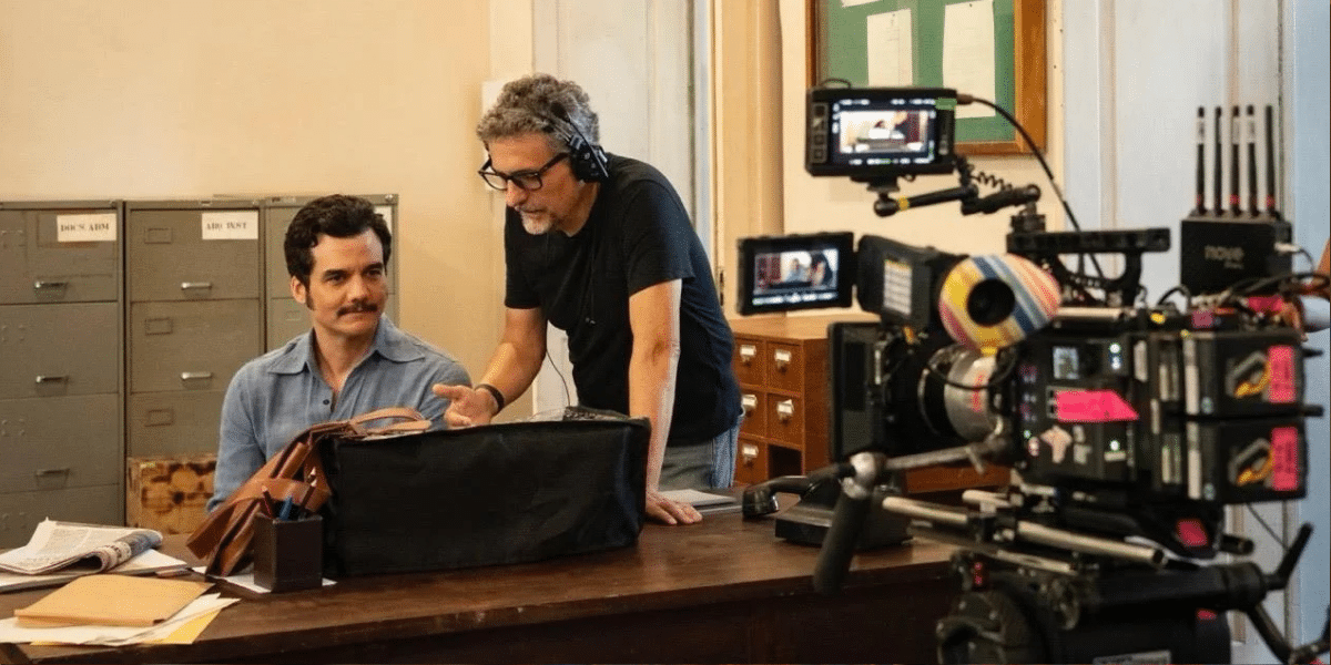 Kleber Mendonça Filho with Wagner Moura on the set of "The Secret Agent"