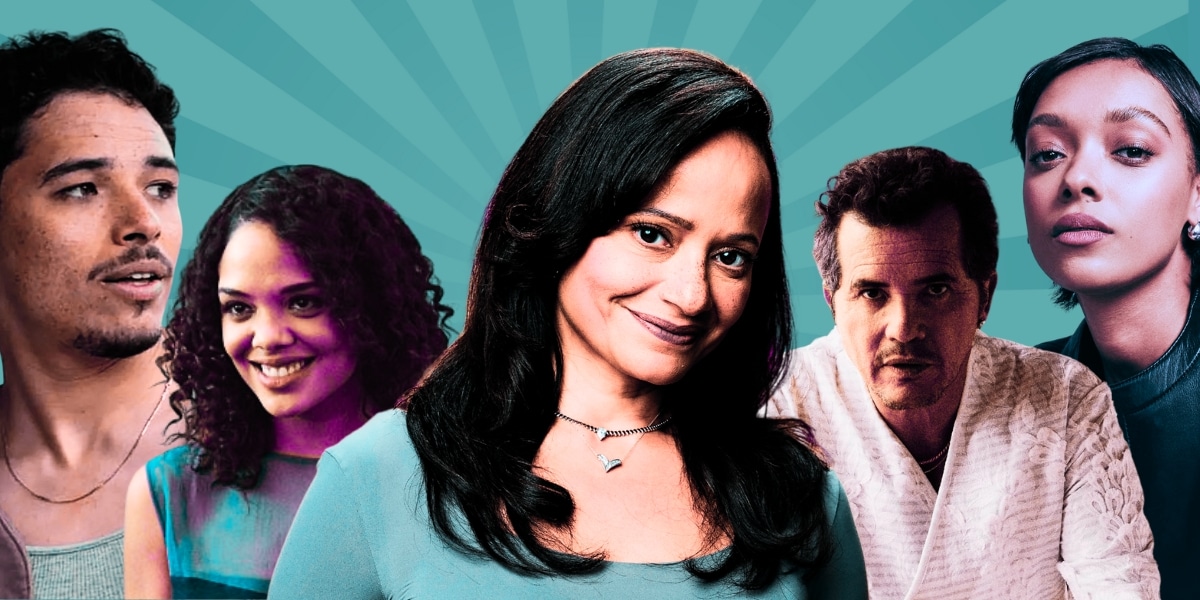 A composite image featuring five Latino actors arranged around a smiling middle-aged Latina woman at center, set against a teal background with radiating lines.