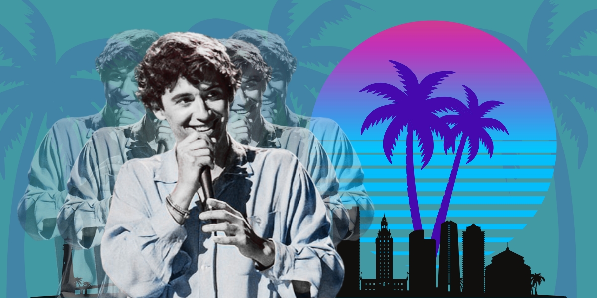 Stylized hero image of Marcelo Hernandez holding a microphone mid-performance, layered with repeated silhouettes behind him against a Miami-inspired backdrop featuring palm trees, a sunset gradient, and a city skyline.