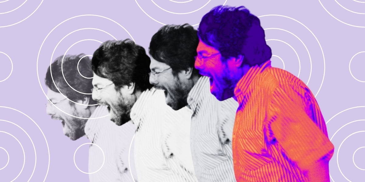 Still from "Un Poeta" showing a bearded man in glasses moving quickly across the frame with his mouth open, mid-shout.